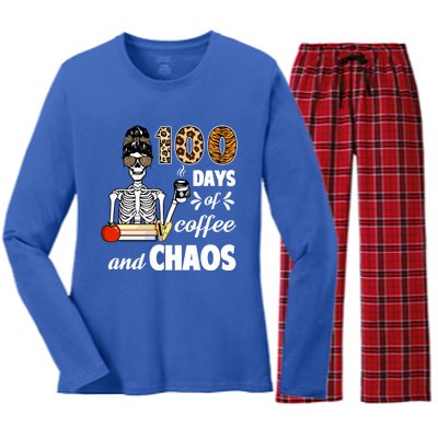 100 Days Of Coffee And Chaos 100th Day Skeleton Teacher Gift Women's Long Sleeve Flannel Pajama Set 