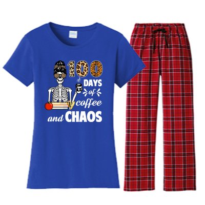 100 Days Of Coffee And Chaos 100th Day Skeleton Teacher Gift Women's Flannel Pajama Set