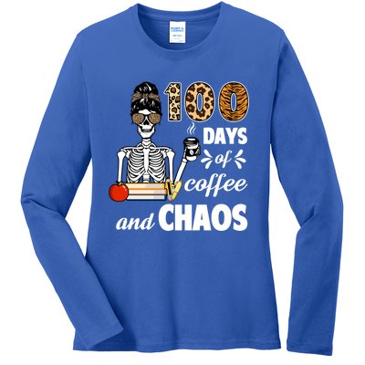 100 Days Of Coffee And Chaos 100th Day Skeleton Teacher Gift Ladies Long Sleeve Shirt