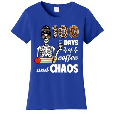 100 Days Of Coffee And Chaos 100th Day Skeleton Teacher Gift Women's T-Shirt