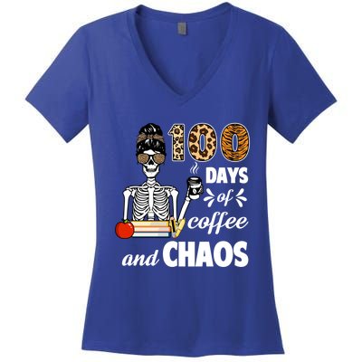 100 Days Of Coffee And Chaos 100th Day Skeleton Teacher Gift Women's V-Neck T-Shirt