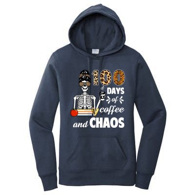 100 Days Of Coffee And Chaos 100th Day Skeleton Teacher Gift Women's Pullover Hoodie