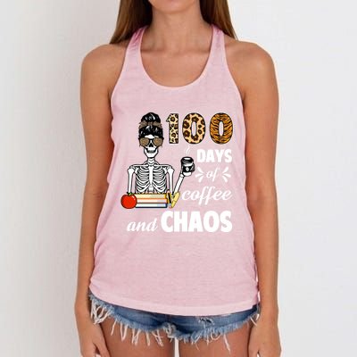 100 Days Of Coffee And Chaos 100th Day Skeleton Teacher Gift Women's Knotted Racerback Tank