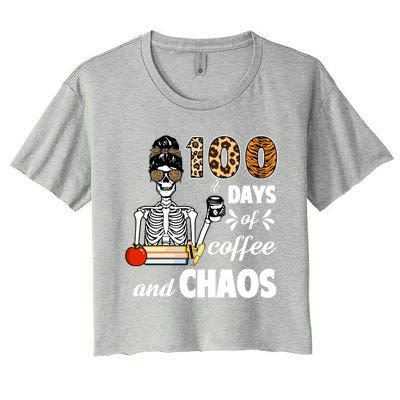 100 Days Of Coffee And Chaos 100th Day Skeleton Teacher Gift Women's Crop Top Tee