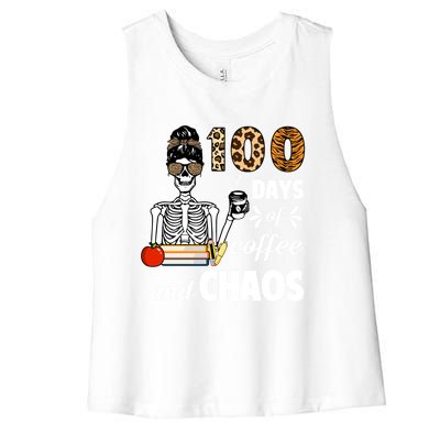 100 Days Of Coffee And Chaos 100th Day Skeleton Teacher Gift Women's Racerback Cropped Tank