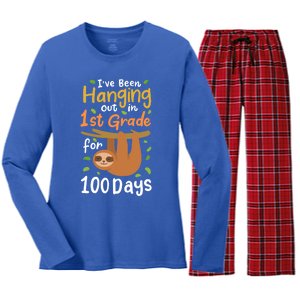 100 Days Of School Sloth 1St Grade Student Cute Gift Women's Long Sleeve Flannel Pajama Set 