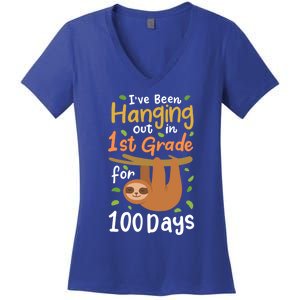 100 Days Of School Sloth 1St Grade Student Cute Gift Women's V-Neck T-Shirt