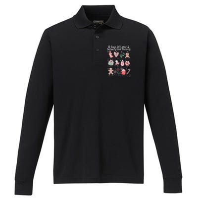 12 Days Of Labor and Delivery Unit Nursing Nurse Christmas  Performance Long Sleeve Polo