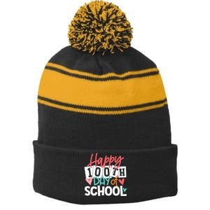 100th Day Of School Teachers Wo Happy 100 Days Stripe Pom Pom Beanie