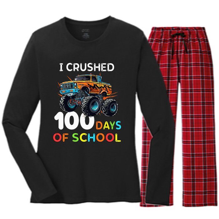 100 Days Of School Monster Truck 100th Day Of School Women's Long Sleeve Flannel Pajama Set 