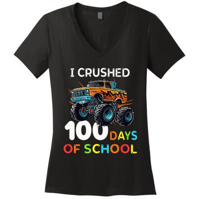 100 Days Of School Monster Truck 100th Day Of School Women's V-Neck T-Shirt