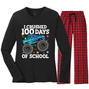 100 Days Of School Monster Truck 100th Day Of School Boy Women's Long Sleeve Flannel Pajama Set 