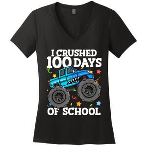 100 Days Of School Monster Truck 100th Day Of School Boy Women's V-Neck T-Shirt