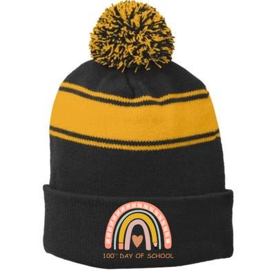 100th Day Of School Rainbow Teacher Stripe Pom Pom Beanie