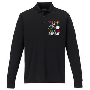 100 Days Of Coffee Teach Repeat 100 Days Of School Gift Performance Long Sleeve Polo