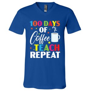 100 Days Of Coffee Teach Repeat 100 Days Of School Gift V-Neck T-Shirt