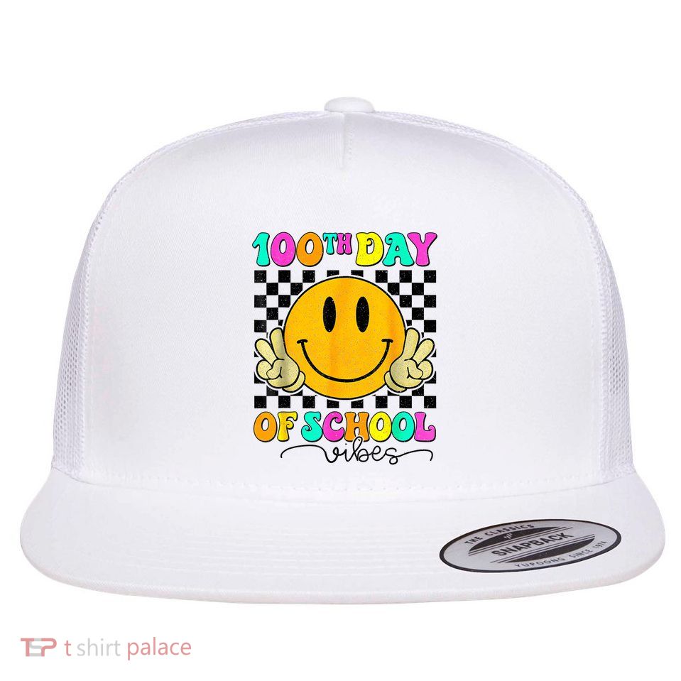 100th Day Of School Vibes Cute Smile Face 100 Days Of School Flat Bill Trucker Hat