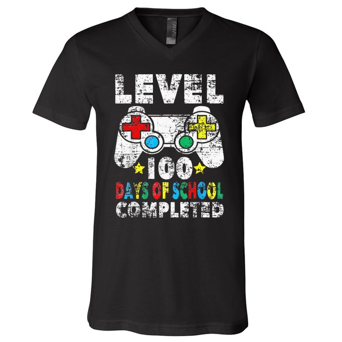 100 Days Of School Completed Gamer Gifts Level Up Gaming V-Neck T-Shirt