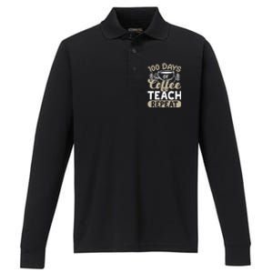 100 Days Of Coffee Teach Repeat 100 Days Of School Cute Gift Performance Long Sleeve Polo