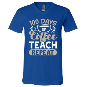 100 Days Of Coffee Teach Repeat 100 Days Of School Cute Gift V-Neck T-Shirt