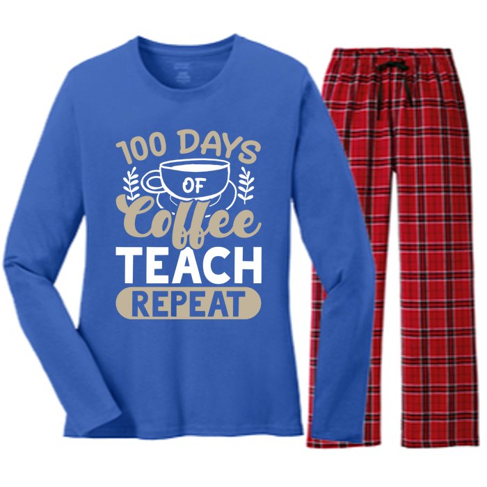 100 Days Of Coffee Teach Repeat 100 Days Of School Cute Gift Women's Long Sleeve Flannel Pajama Set 