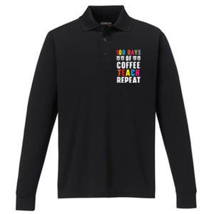 100 Days Of Coffee Teach Repeat 100 Days Of School Cute Gift Performance Long Sleeve Polo