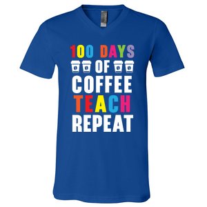 100 Days Of Coffee Teach Repeat 100 Days Of School Cute Gift V-Neck T-Shirt