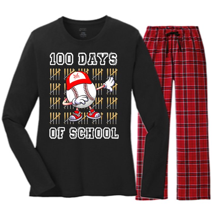 100 Days Of School 100th Day Baseball Teacher Women's Long Sleeve Flannel Pajama Set 