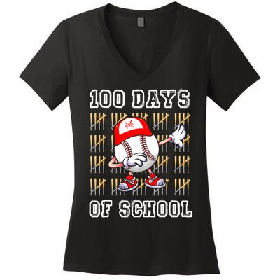 100 Days Of School 100th Day Baseball Teacher Women's V-Neck T-Shirt