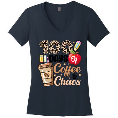 100 Days Of Coffee And Chaos Leopard Teacher Women's V-Neck T-Shirt