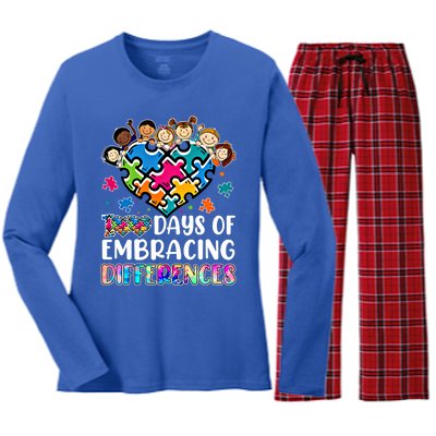 100 Days Of School Embracing Differences Autism Support Cool Gift Women's Long Sleeve Flannel Pajama Set 