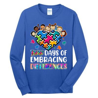 100 Days Of School Embracing Differences Autism Support Cool Gift Tall Long Sleeve T-Shirt