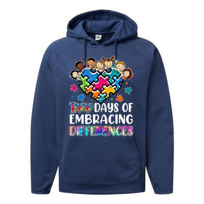 100 Days Of School Embracing Differences Autism Support Cool Gift Performance Fleece Hoodie