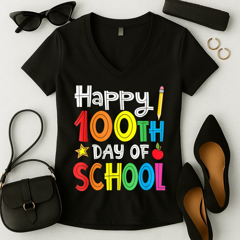 100th Day Of School A Gift For Teachers Kids Child Happy 100 Days Women's V-Neck T-Shirt