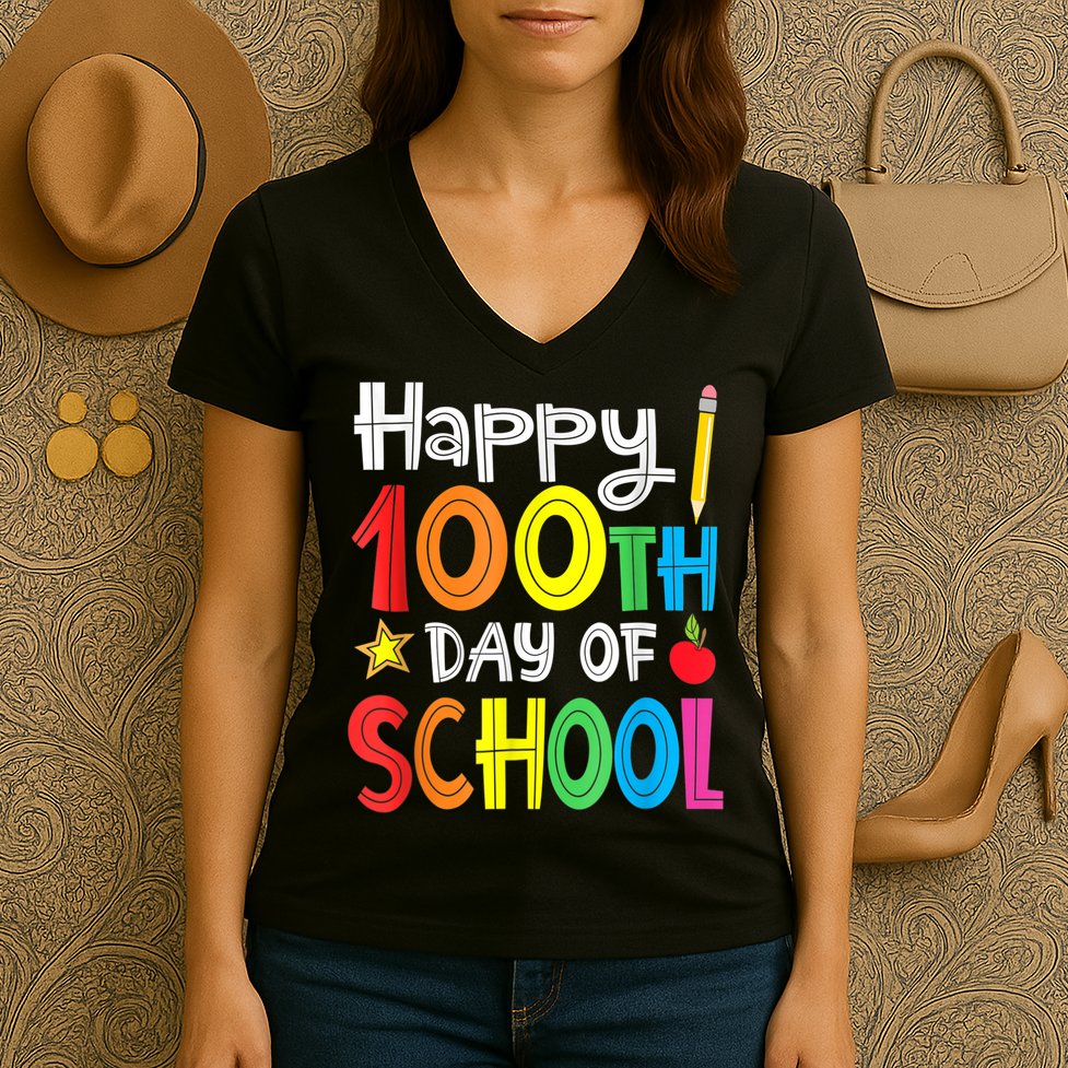100th Day Of School A Gift For Teachers Kids Child Happy 100 Days Women's V-Neck T-Shirt