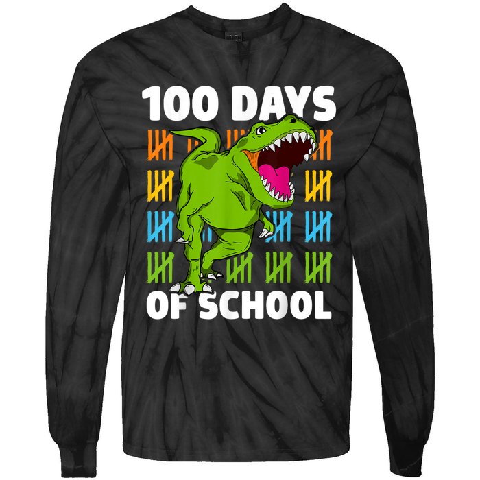 100th Day Of School Dino Fun Dinosaur Design Tie-Dye Long Sleeve Shirt