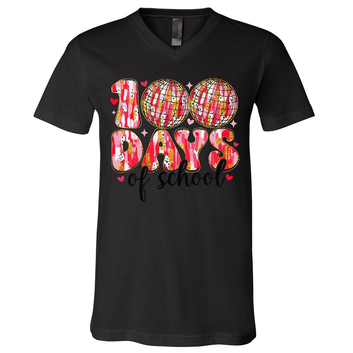 100 Days Of School Retro Disco Ball 100th Day Of School V-Neck T-Shirt