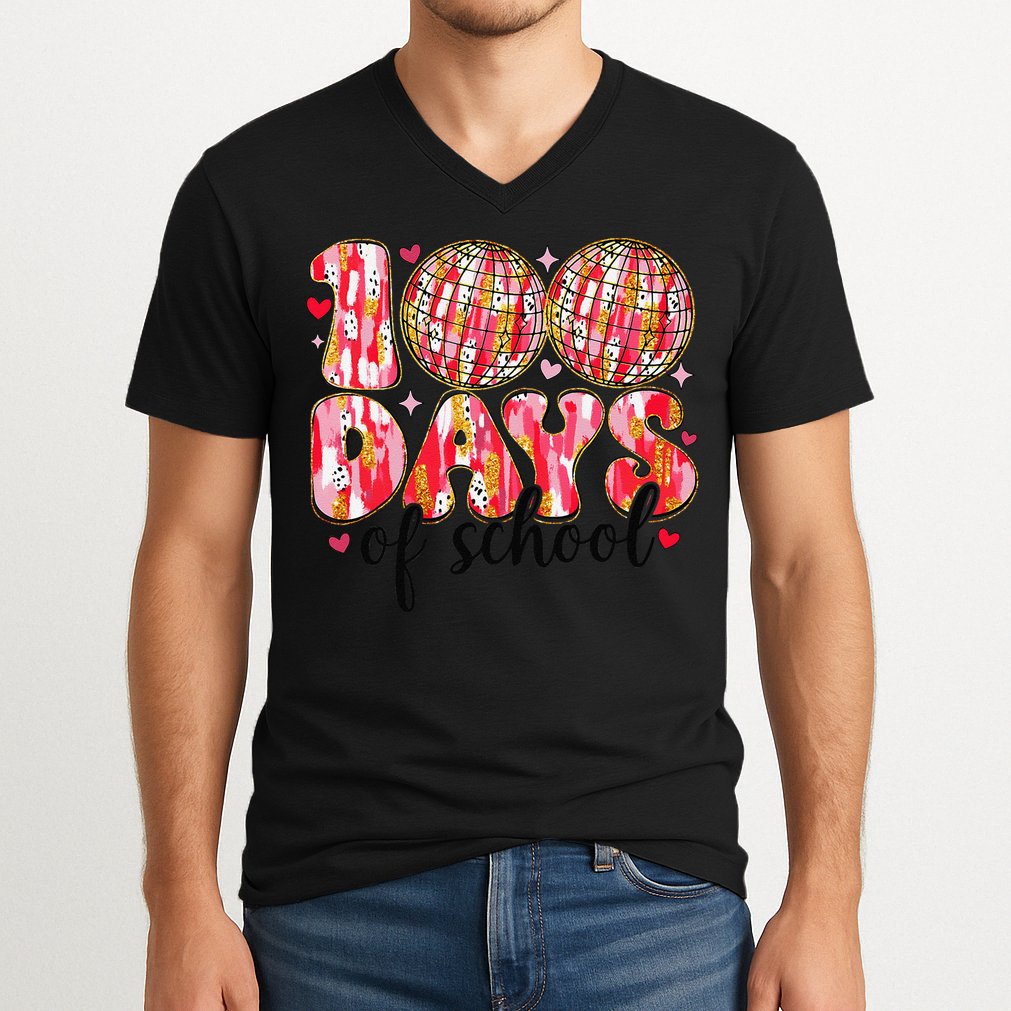 100 Days Of School Retro Disco Ball 100th Day Of School V-Neck T-Shirt