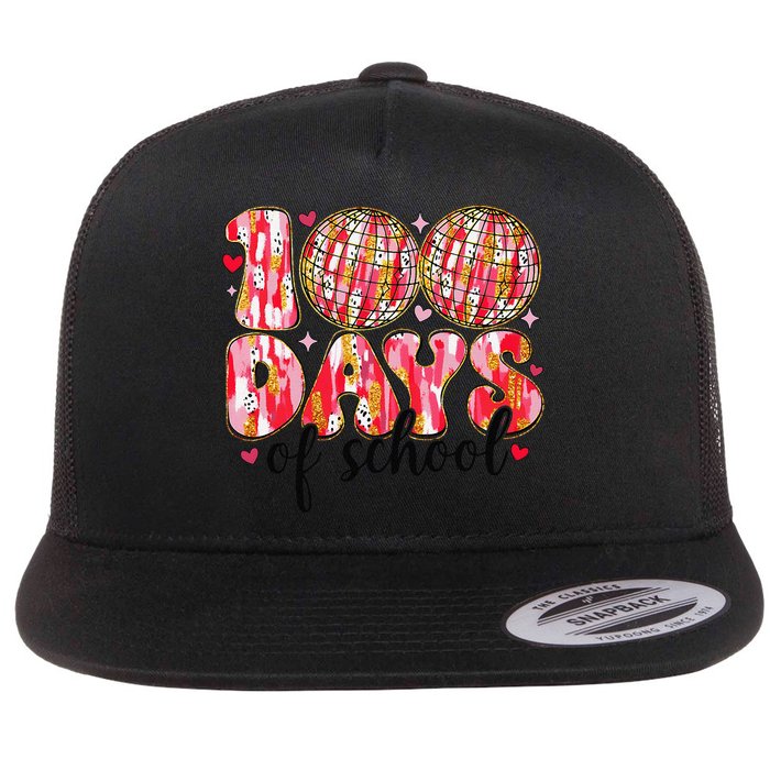 100 Days Of School Retro Disco Ball 100th Day Of School Flat Bill Trucker Hat
