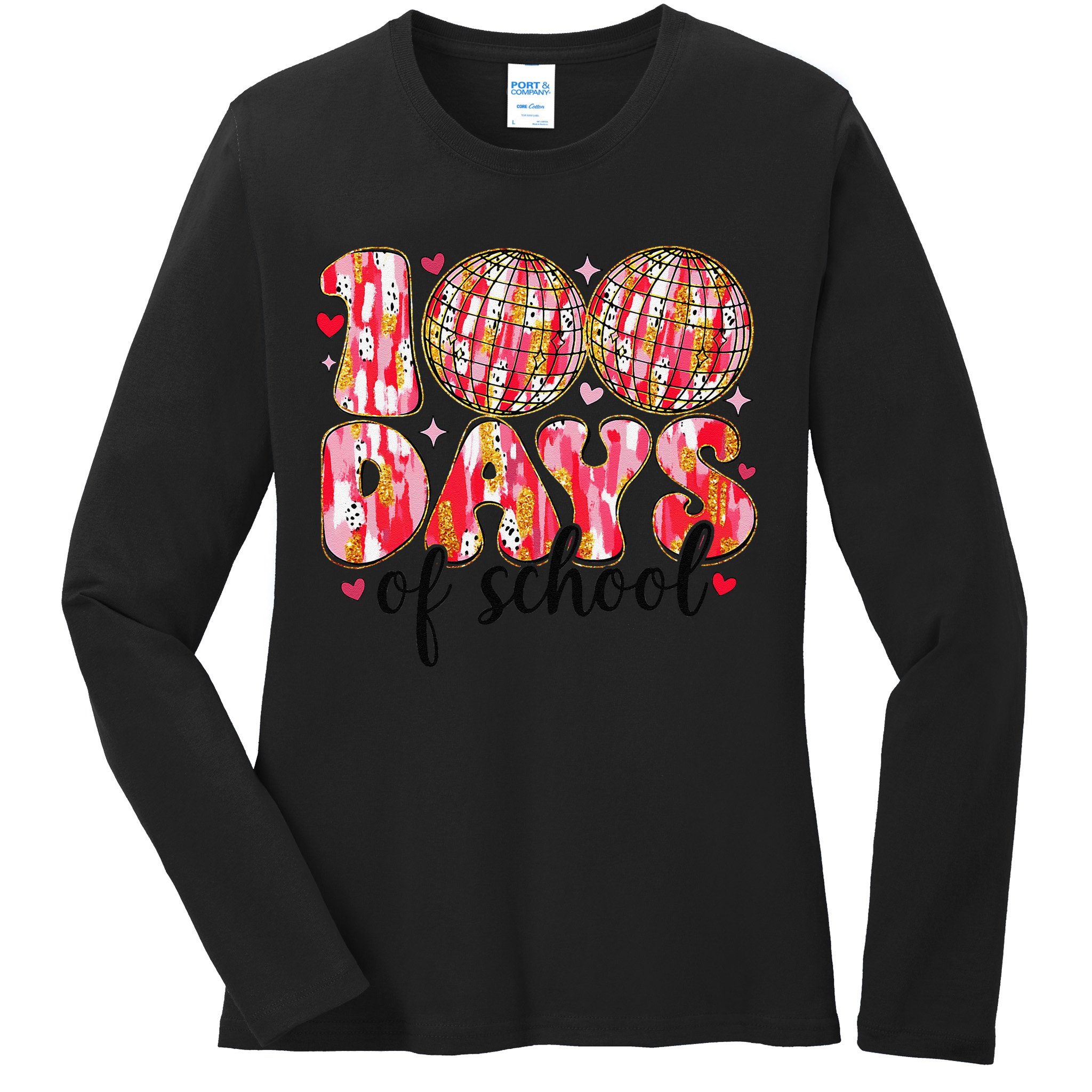 100 Days Of School Retro Disco Ball 100th Day Of School Ladies Long Sleeve Shirt