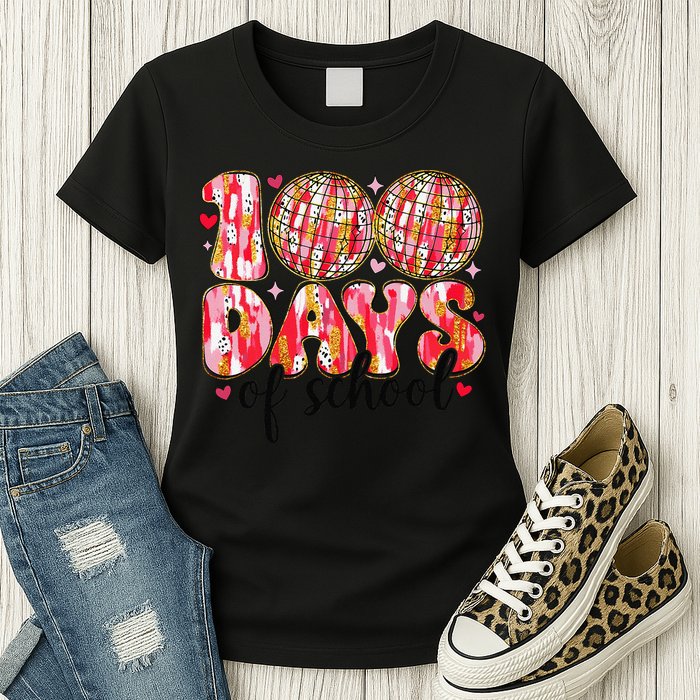 100 Days Of School Retro Disco Ball 100th Day Of School Womens T-Shirt