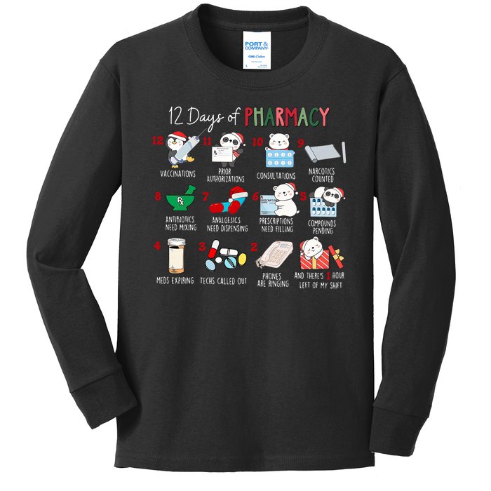 12 Days Of Pharmacy Christmas Pharmacist Tech Medication Kids Long Sleeve Shirt