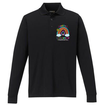 100th Day Of Kindergarten School Rainbow 100 Days Smarter Performance Long Sleeve Polo