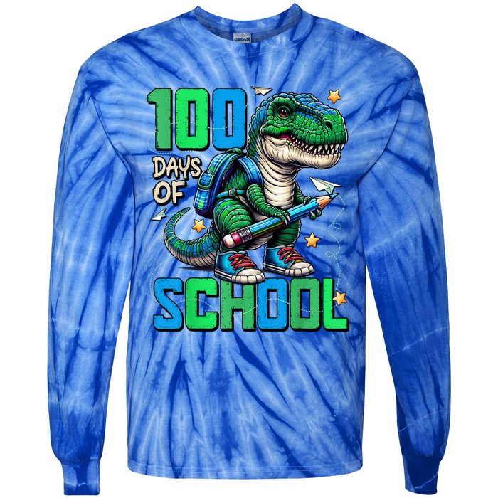 100 Days Of School Trex 100 Days Smarter 100th Day Of School Tie-Dye Long Sleeve Shirt