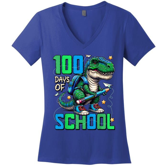 100 Days Of School Trex 100 Days Smarter 100th Day Of School Women's V-Neck T-Shirt