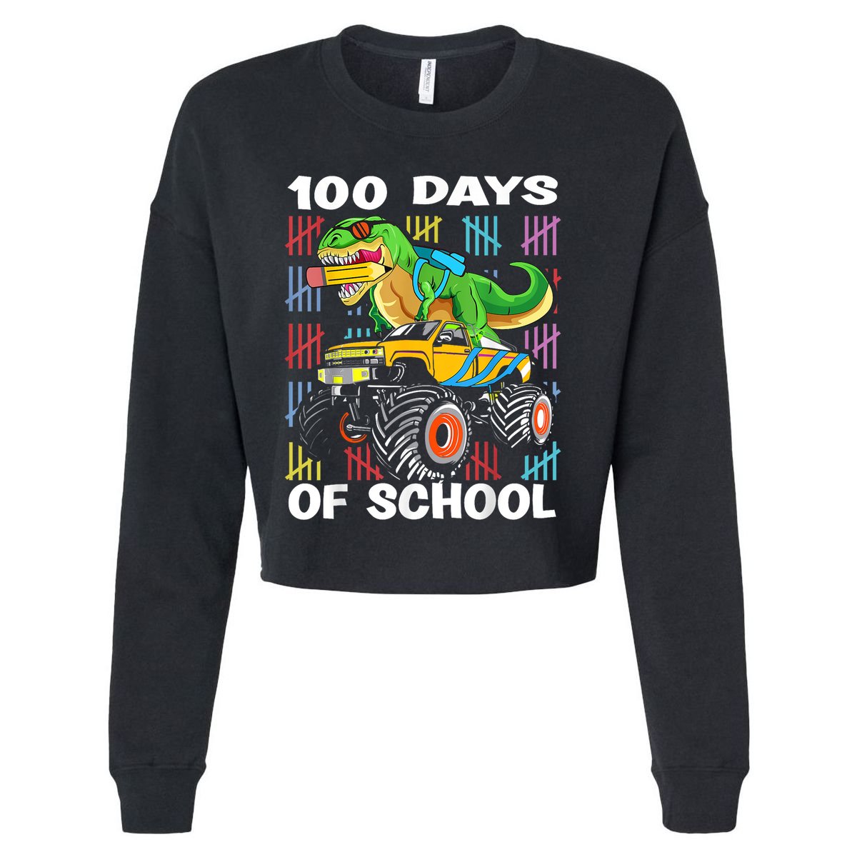 100th Day Of School 100 Days School Truck Dinosaur Cropped Pullover Crew