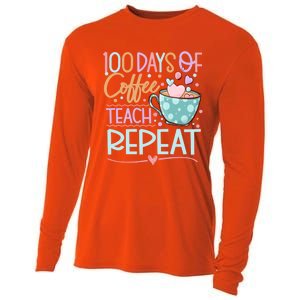 100 Days Of Coffee Teach Repeat 100th Day Of School Teachers Gift Cooling Performance Long Sleeve Crew