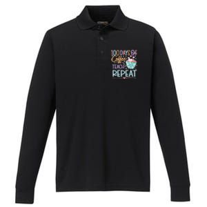 100 Days Of Coffee Teach Repeat 100th Day Of School Teachers Gift Performance Long Sleeve Polo