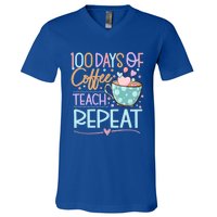 100 Days Of Coffee Teach Repeat 100th Day Of School Teachers Gift V-Neck T-Shirt