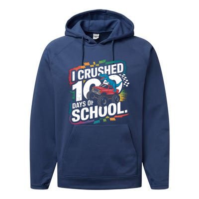 100 Days Of School Monster Truck T Rex Dinosaur Boy Performance Fleece Hoodie